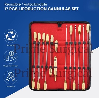 GOLD PLEATED REUSABLE LIPOSUCTION CANNULAS FACE SET OF 11 PCS WITH LUER LOCK A+