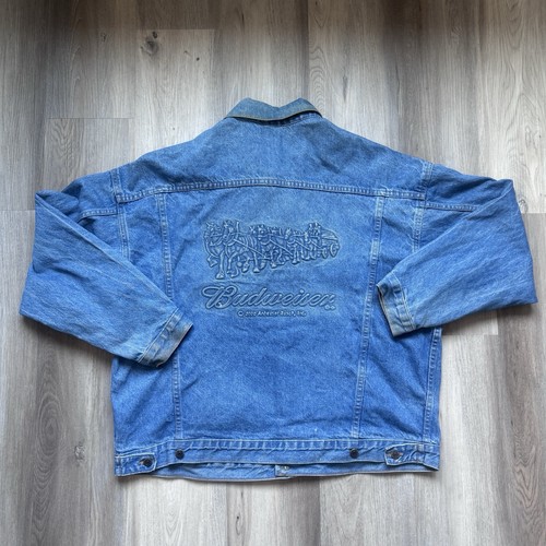 Vintage Y2K Budweiser Clydesdale Embossed Light Wash Denim Jacket Size XL Beer