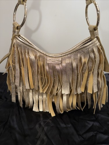 YSL Bag Fringe Gold Small Satchel Boho Shoulder Purse Handbag Yves Saint Laurent