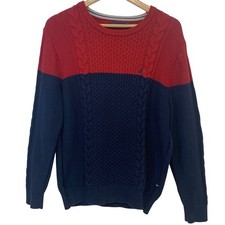 Nautica Men's Color Block Cable Knit Sweater Red Navy Large Cotton Chunky Warn