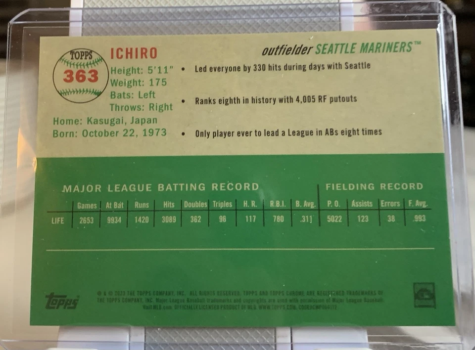 2023 Topps cromo platino Ichiro refractor de toile negro/10 sujetalibros HOF Mariners Foto 4 de 4