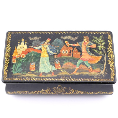 SIGNIERTE RUSSISCHE PALEKH HANDBEMALTE LACK SCHMUCKSCHATULLE, V. KOSHKIN
