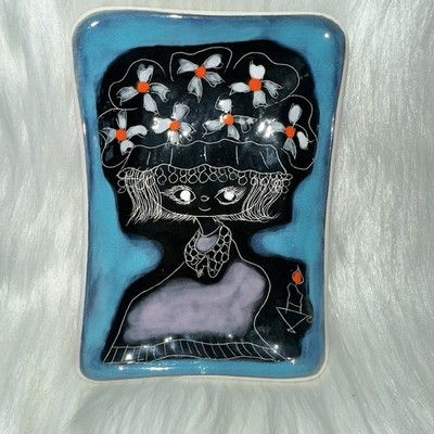 VTG Camer Italian Art Trinket Dish-Big Eyed Kitsch Girl-Murano Style-Retro
