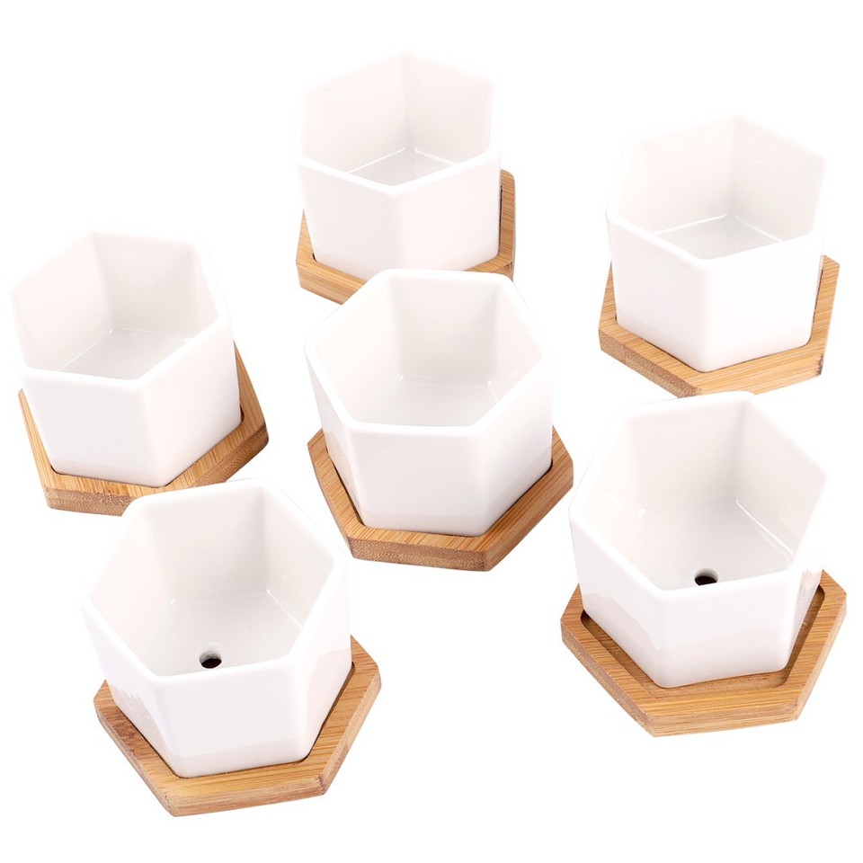 Succulent Planter Ceramic 12Pcs White Small Pots with Durable Bamboo ...