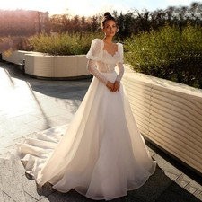 Sweetheart Puff Long Sleeves Wedding Dresses Beaded Lace A‑Line Bridal Gowns