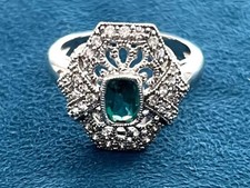 Sterling Silver 24 Diamond & Man Made Emerald Art Deco Ring Size 7