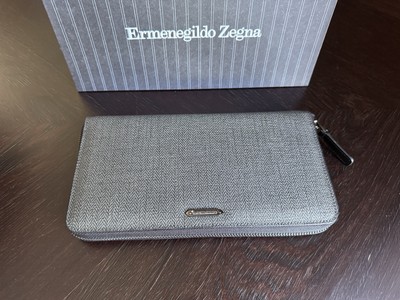 ERMENEGILDO ZEGNA GREY CANVAS LEATHER ZIP DOCUMENT POUCH WALLET NEW