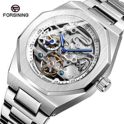 Forsining Tourbillon Automatic Skeleton Mechanical Watch for Men Luminous Hands 