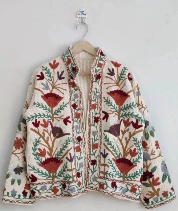 Handmade Embroidered Suzani Jacket Cream Bohemian Floral Ethnic Coat