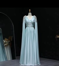 Satin gown floor length sleeves with pearl and sequin details size 14-16