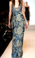 Vera Wang Vintage Runway Gold Crystal Blue Brocade Jacquard Long Gown Dress US 8