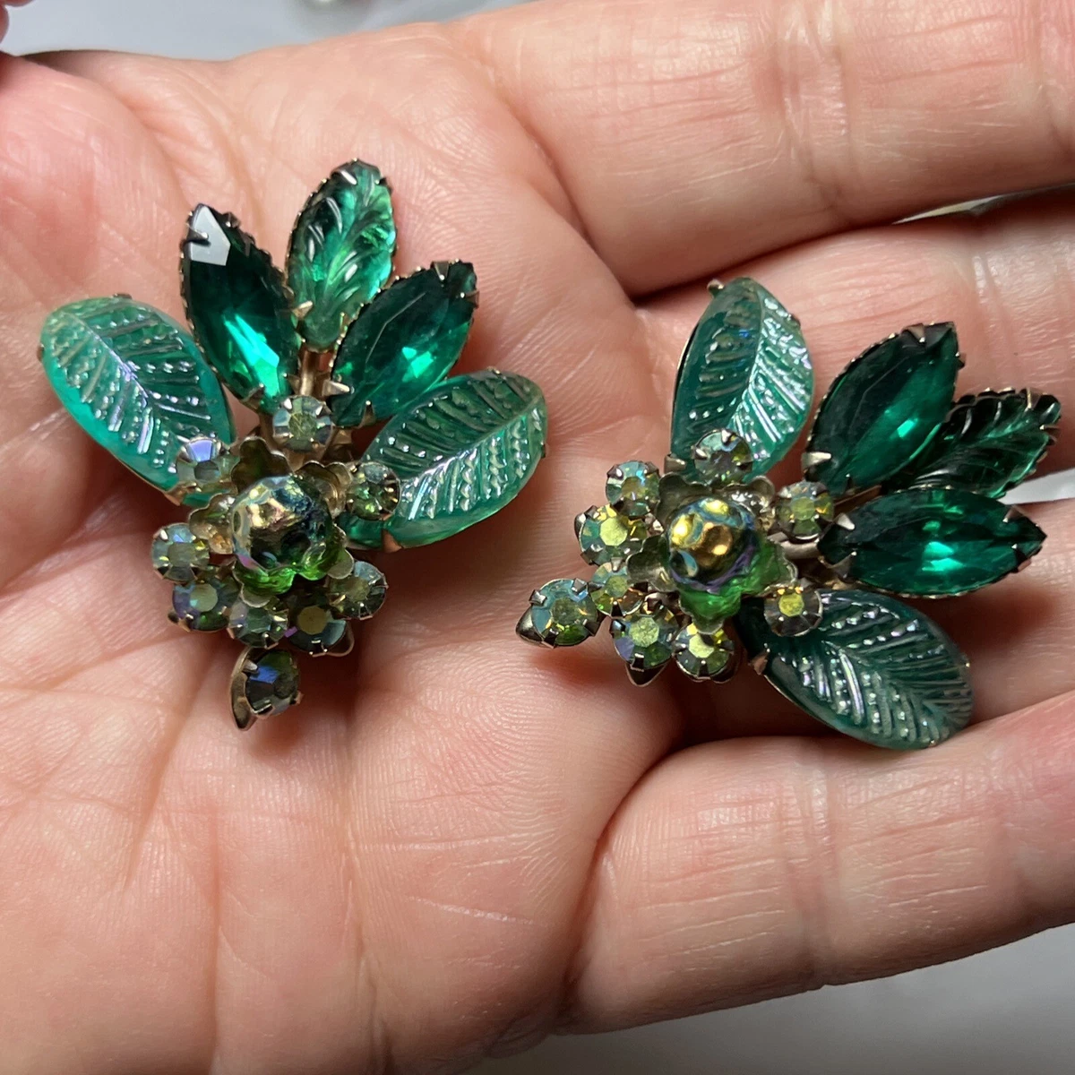 Vintage signed Judy Lee Green Leaf Rhinestone Clip Earrings