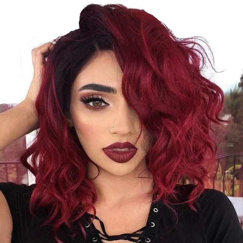 Ombre Burgundy Red Wig Synthetic Short Curly Bob Wig Ombre  display picture 3