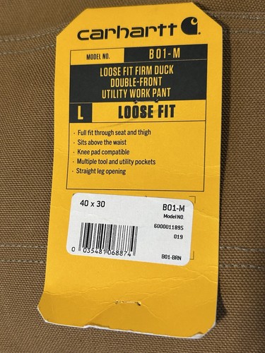 Carhartt Men's Duck Double Front Work Dungaree Pants B01-BRN 40x30 NWT USA Loose - Picture 6 of 6