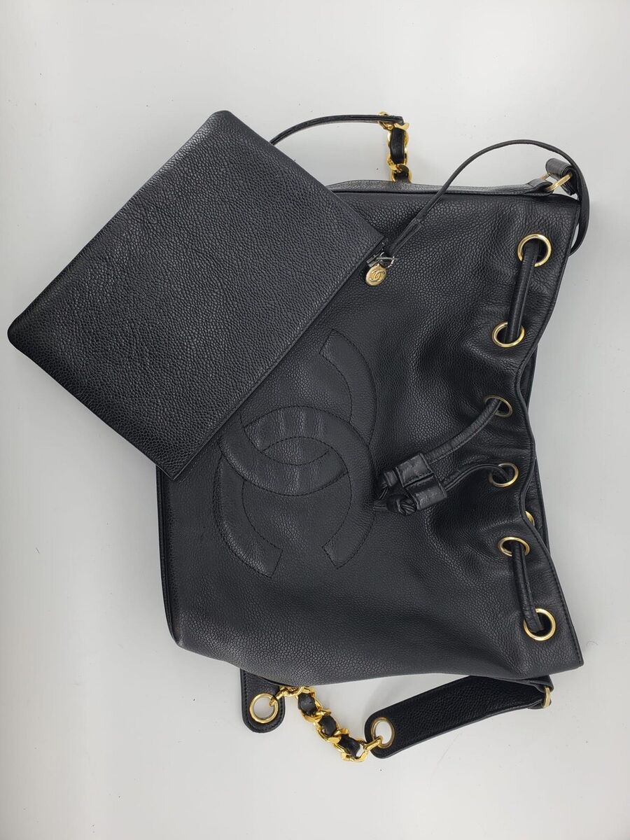 CHANEL CC Logo Drawstring Chain Bucket Bag Black Caviar CHANEL CC Logo Drawstring Chain Bucket Bag Black Caviar