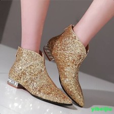 Women's Casual Glitter Sequins Pointy Toe Performance Low Heel Ankle Boots Shoes
