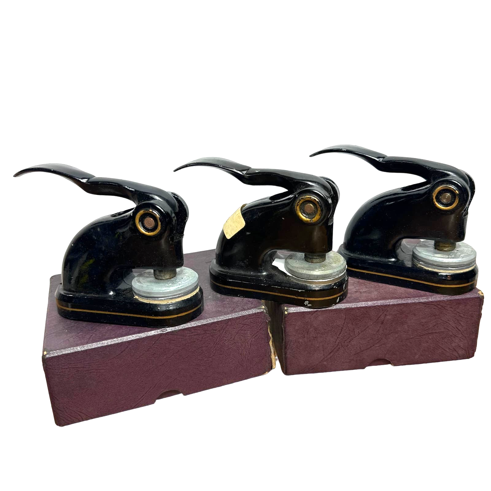 Vintage Logo Embossing Seal Stamp Cast Iron Gold Trim 3 Seals w Boxes Industrial