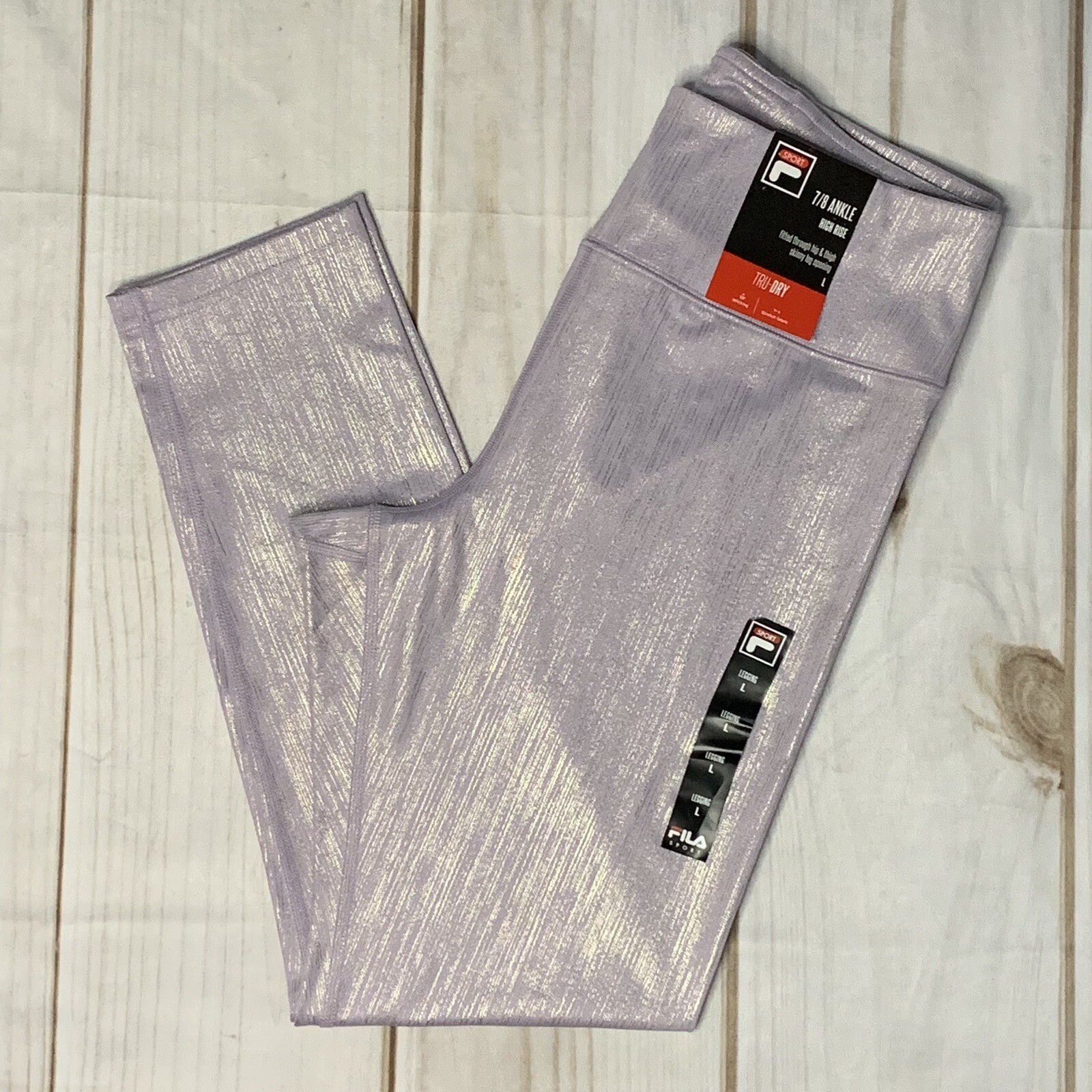 Leggings FILA taglia L vita alta lunghezza 7 8 metallizzato scintillante viola lavanda nuovi con etichette