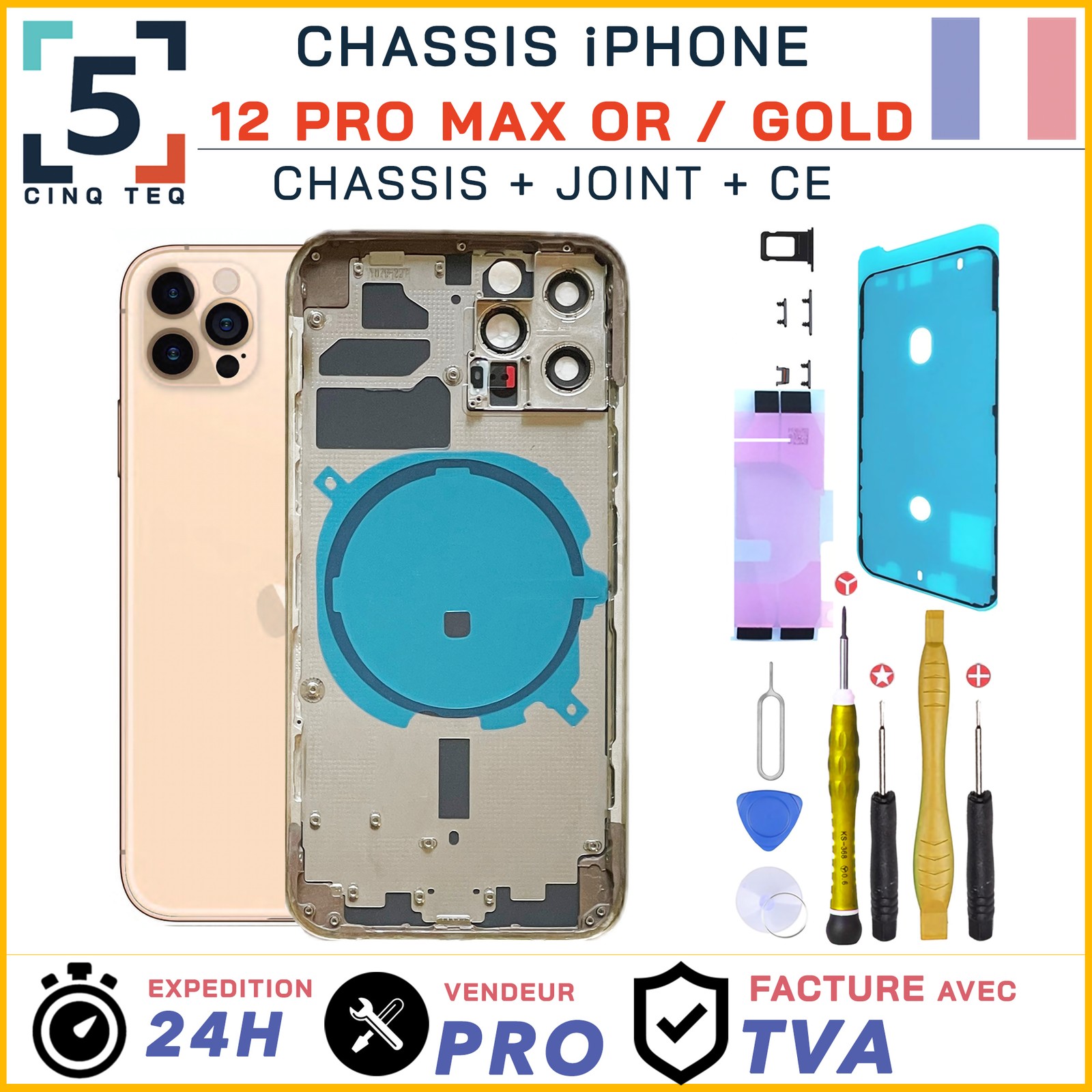 Chassis iPhone 12 Pro Max Or avec joint adhésif écran et kit outils démontage