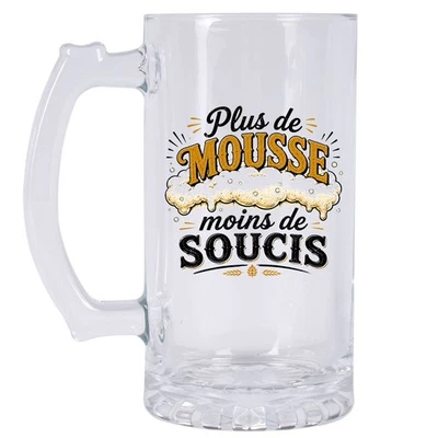 Chope à Bière Humour 480 ml Plus de Mousse Moins de Soucis - Photo 1/2
