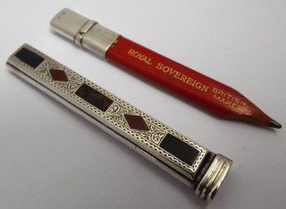 BEAUTIFUL RARE ANTIQUE 1910 SOLID STERLING SILVER & POLISHED AGATE PENCIL & CASE