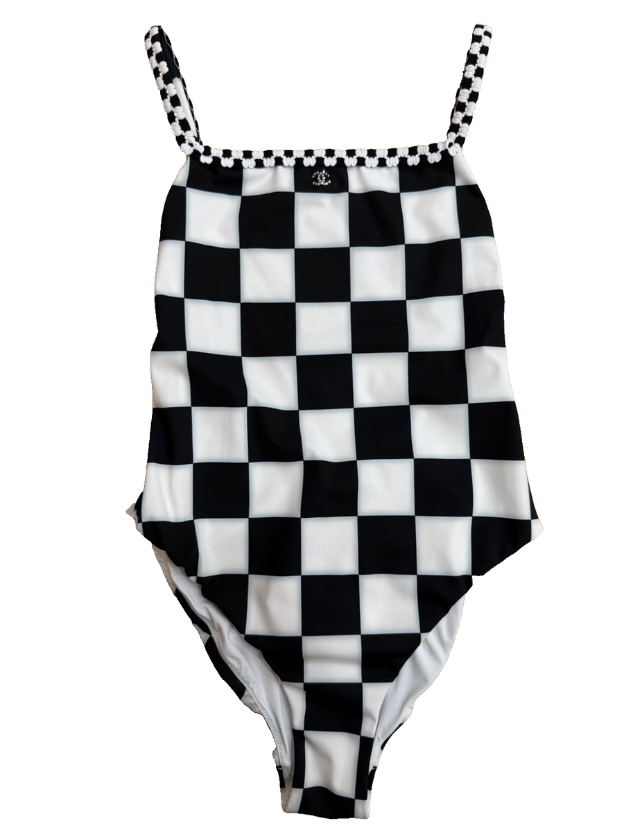 Chanel 23C Black White Checker Crystal CC Logo One Piece Swimsuit