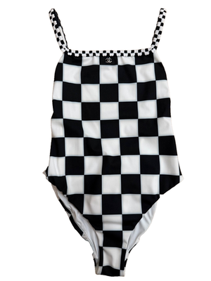 CCロゴ CHANEL ワンピース水着 ブラック/ホワイト Chanel 23C Black White Checker Crystal CC Logo One Piece Swimsuit