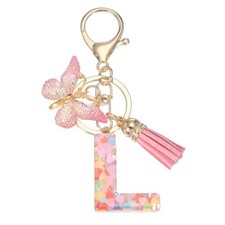 Alphabet Initial Letter Keychain Cute Charm with Tassel Butterfly Letter l Pink