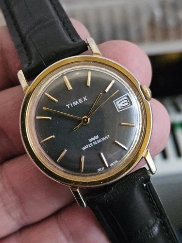 Timex Marlin Very Nice Mens Date Watch Mechanical Vintage Black Dial Working