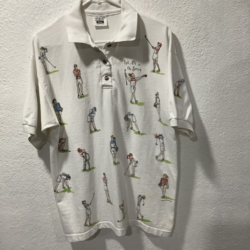 Vintage Relevant Products Golf Theme Polo Shirt L White 100% Cotton Fun Graphics