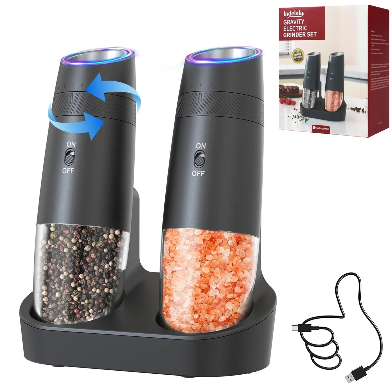 Electric Salt and Pepper Grinder Set - Rechargeable Automatic Shakers, Adjustabl
