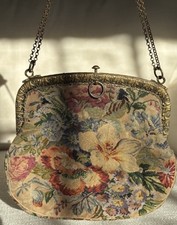 Antique Petit Point Tapestry Floral Victorian Brass Clasp  Chain Evening Bag