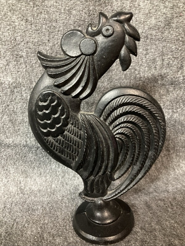 Cast Metal Rooster Standing Black Figurine Country Decor 8" Double Sided