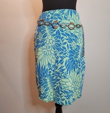 Vintage Women's Y2K Lime Green Teal Midi Floral Tropical Skirt Size M