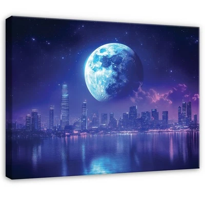 Leinwand Stadt Nacht Blau Mond Fluss Wandbilder Groß Leinwandbild Wanddeko 114 - Bild 1 von 4