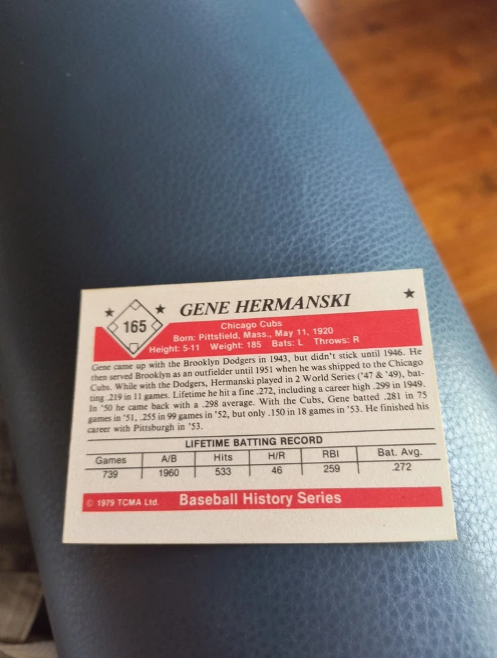 GENE HERMANSKI 1979 TCMA BASEBALL HISTORY SERIES 50's #165 FREE SHIPPING - Image 2 of 2
