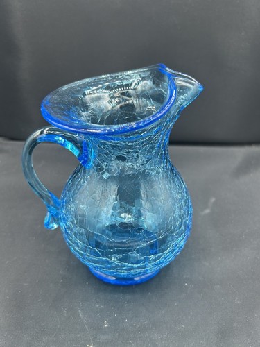 Vintage MCM Blue Crackle Pinched Spout Hand Blown Small Art Glass Pitcher 6"