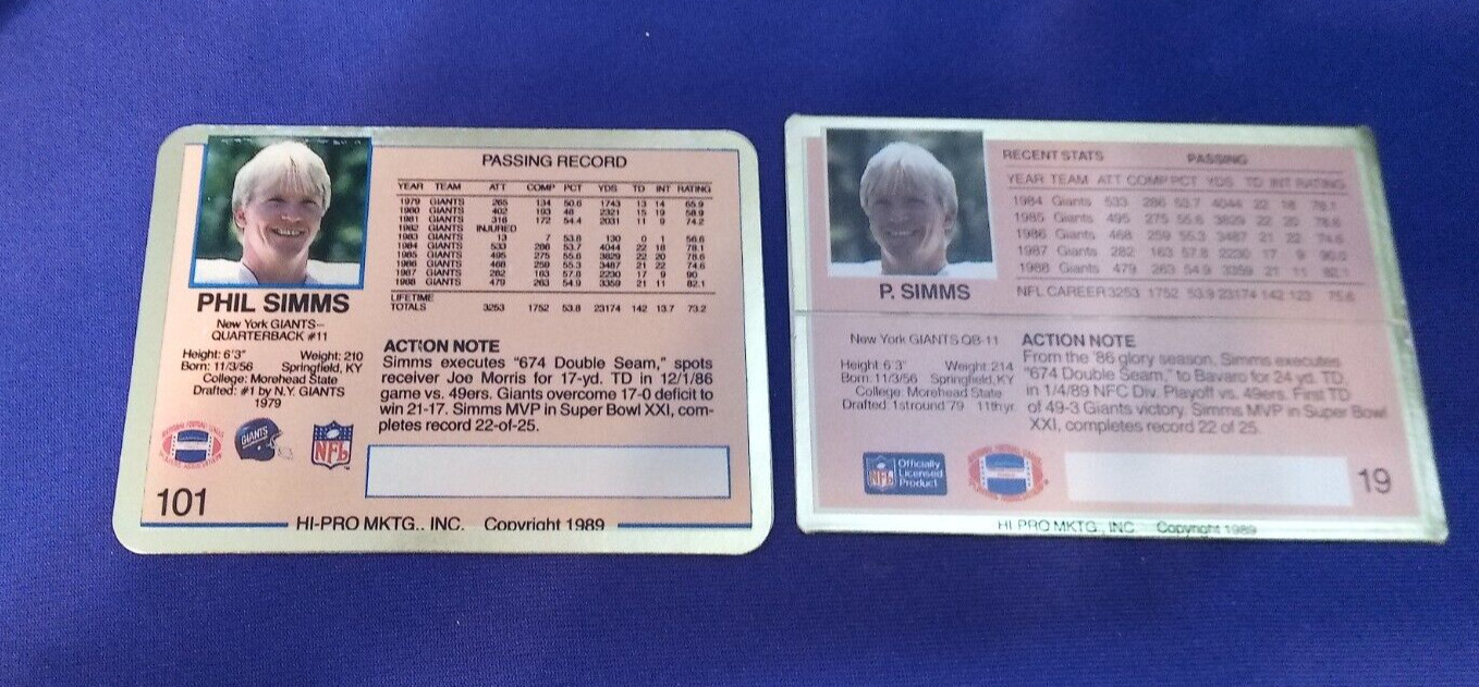 1989 action packed phil simms promo prototype #101 #19 2 dif