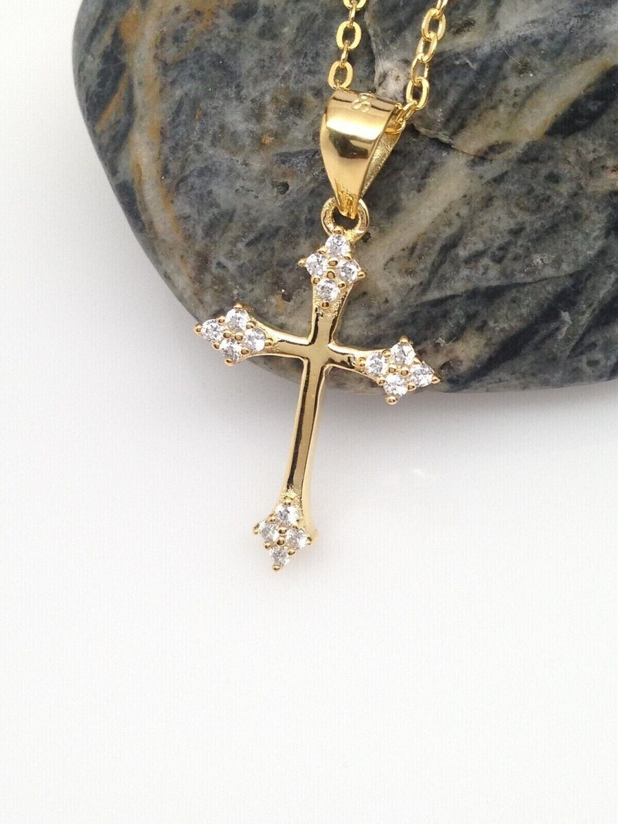 925 Sterling Silver Tiny Cz Cross Gold Pendant Necklace Womens