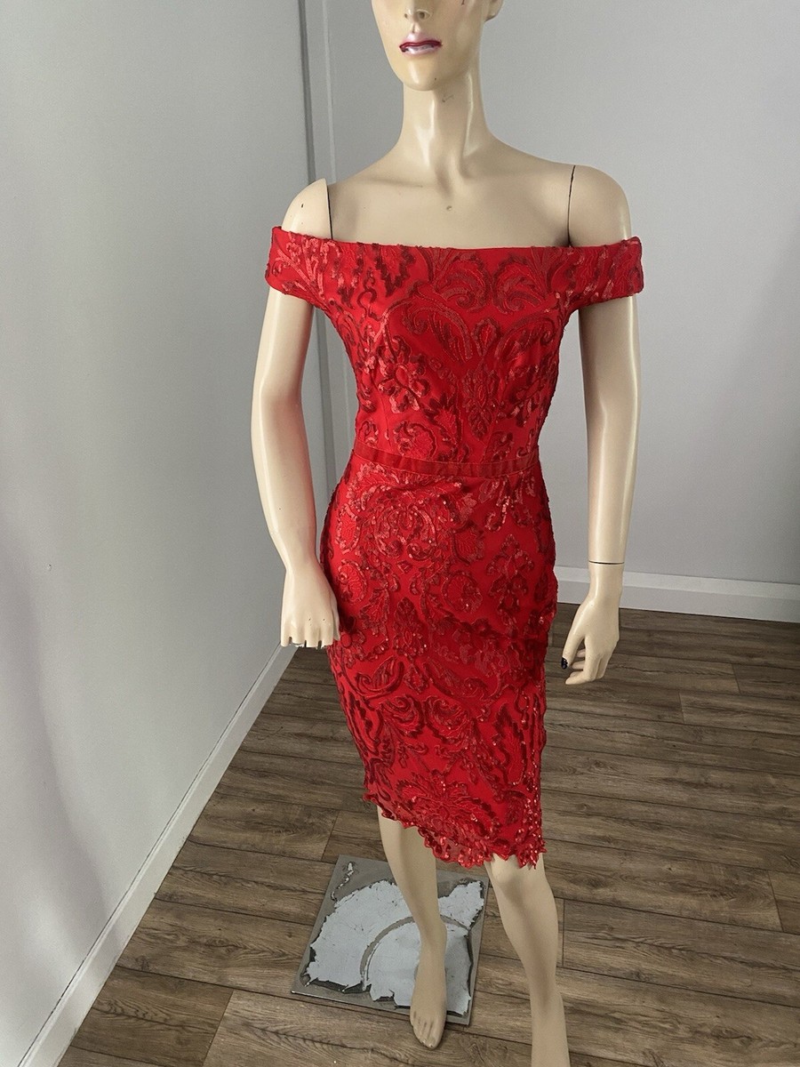 Jessica Wright Off The Shoulder Red Sequinned Embellished Bodycon