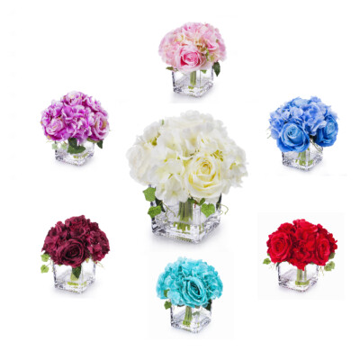 Silk Hydrangea and Rose Artificial Flower Arrangement Cube Glass Vase Faux Water