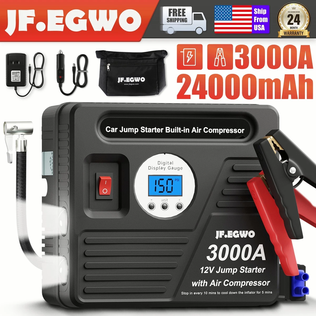 JF.EGWO 3000 Peak Portable Jump Starter Air Compressor Start Battery Power  Bank