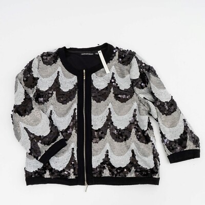 Michael Simon Woman's Sequined Scallop Jacket 3/4 Sleeve XL Black Silver White