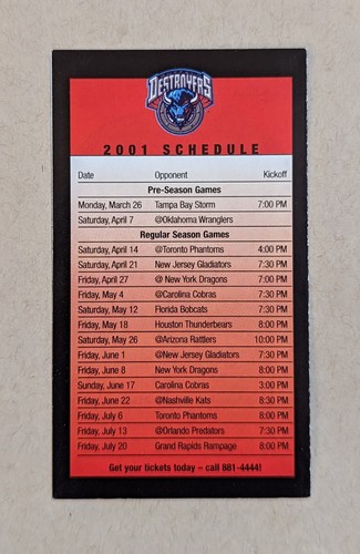 2001 Buffalo Destroyers Arena Football Pocket Schedule AFL - Picture 2 of 2