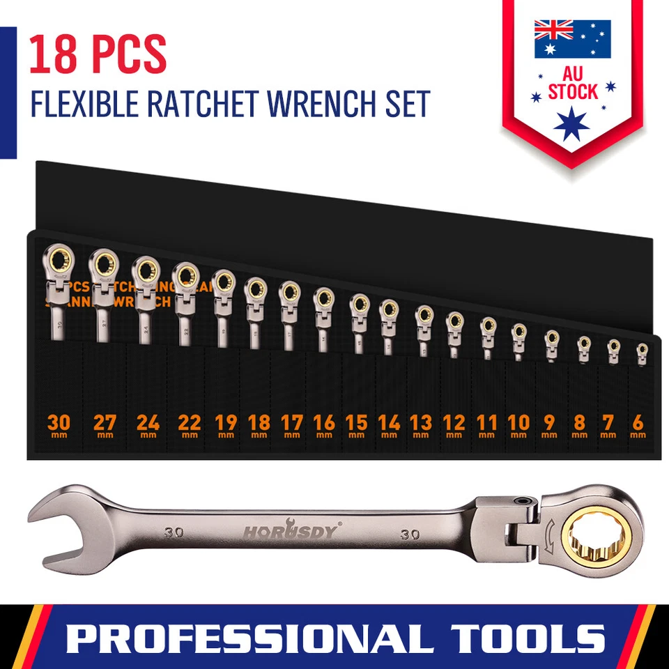 18-Piece Flexible Ratchet Spanner Metric 6-30mm 72-Tooth Crv Steel Storage Pouch