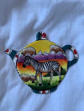 South African Hand Made Pottery Spoon/Tea Bag  Teapot Shaped Rest Zebra Motif