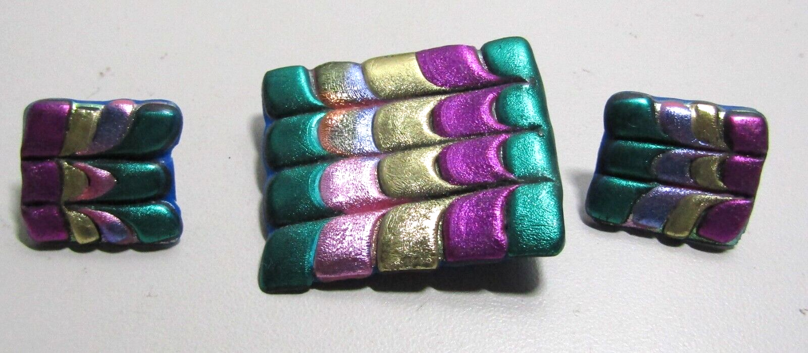 Handmade rainbow plastic pin and earrings set for costumes