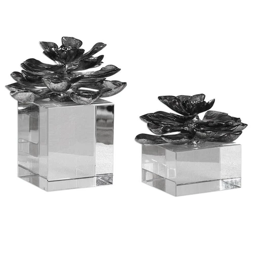 Uttermost Indian Lotus 2-Piece Crystal and Resin Sculpture Set in Silver - Picture 1 of 5