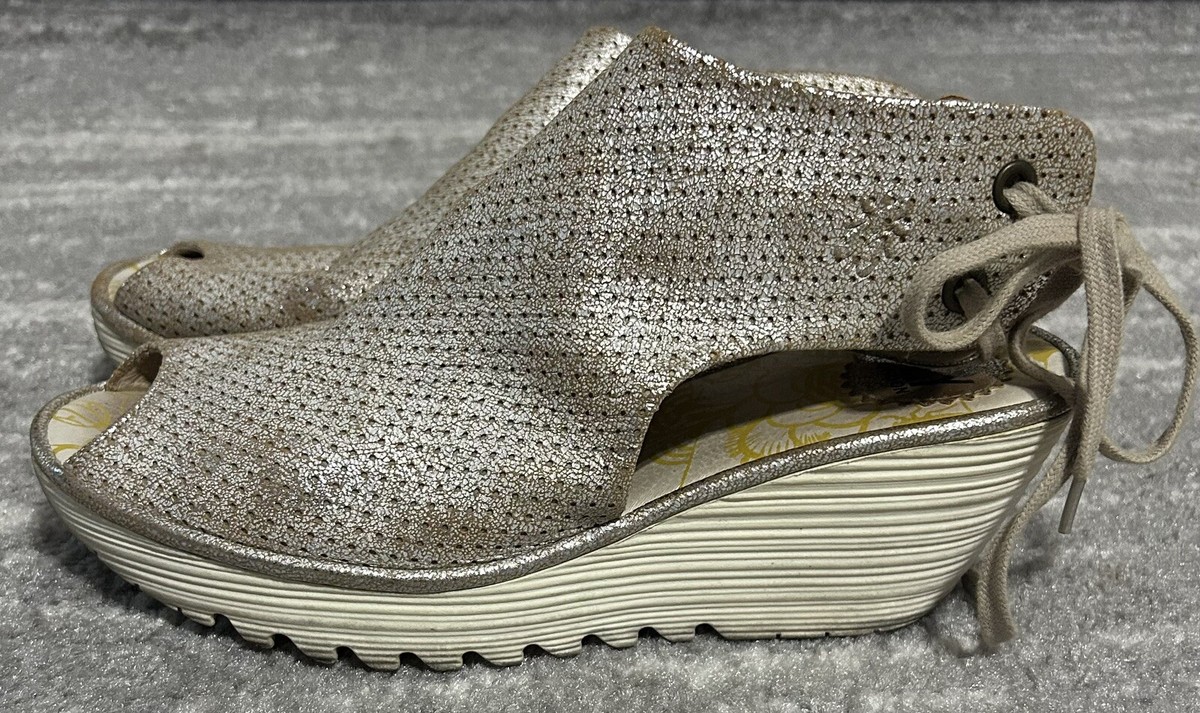 Fly London Ypul Wedge Peep Toe Sandals Metallic Perforated Suede Sz 41  *10-10.5 | eBay