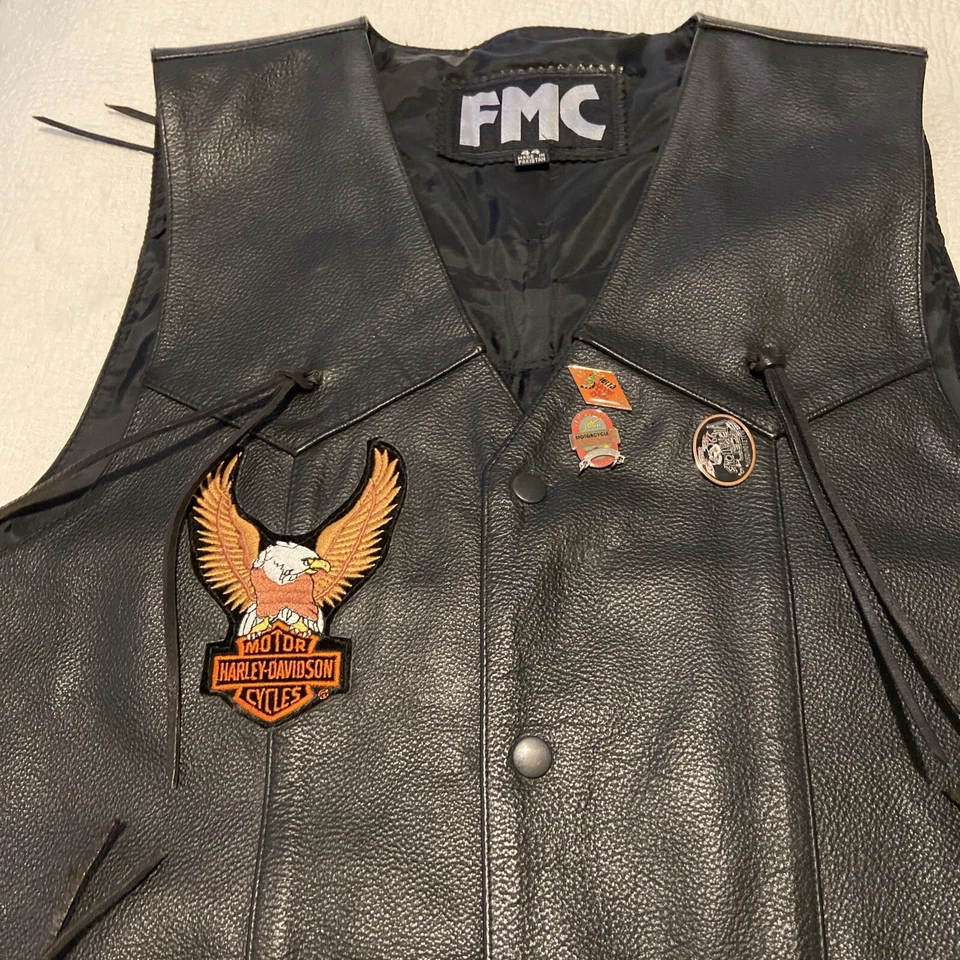 FMC Men’s Black Leather Vest Harley Davidson Born In The USA/Cicles 44 Lace Up — 第 4/4 张图片